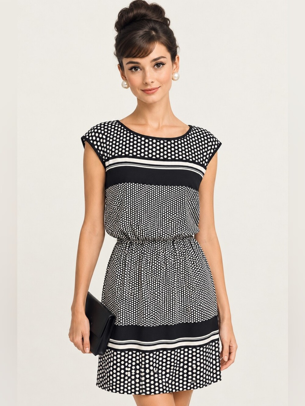 Max Studio Capped Sleeve Geometric Polka Dot Sheath Dress w Belt In Black/White